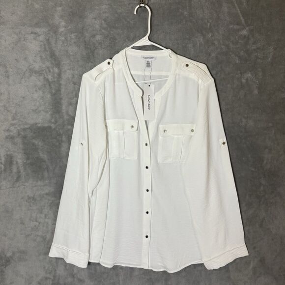 NWT Calvin Klein Top XL Soft White V-Neck Roll Tab Sleeve Career Office Button - Picture 5 of 11